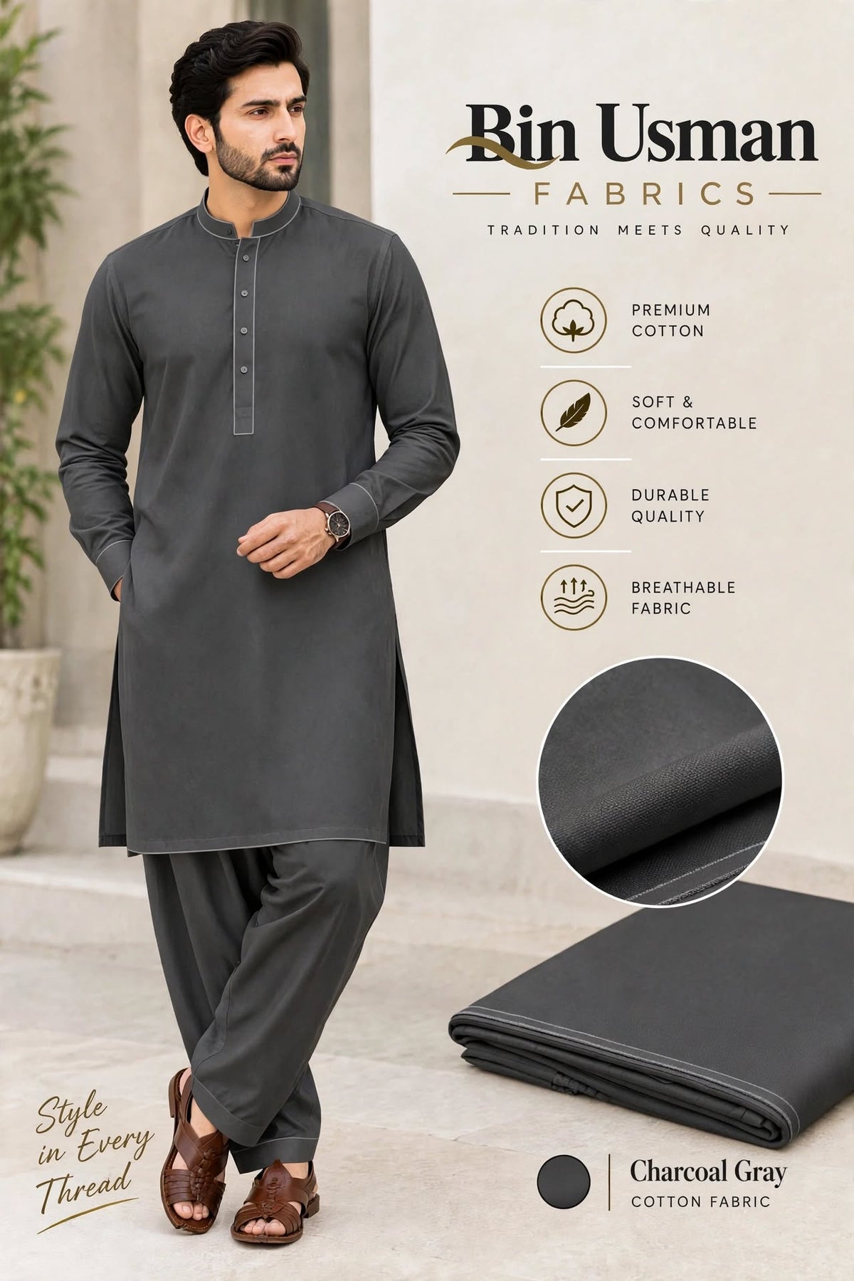 Charcol Gray Cotton Khaddar Fabrics