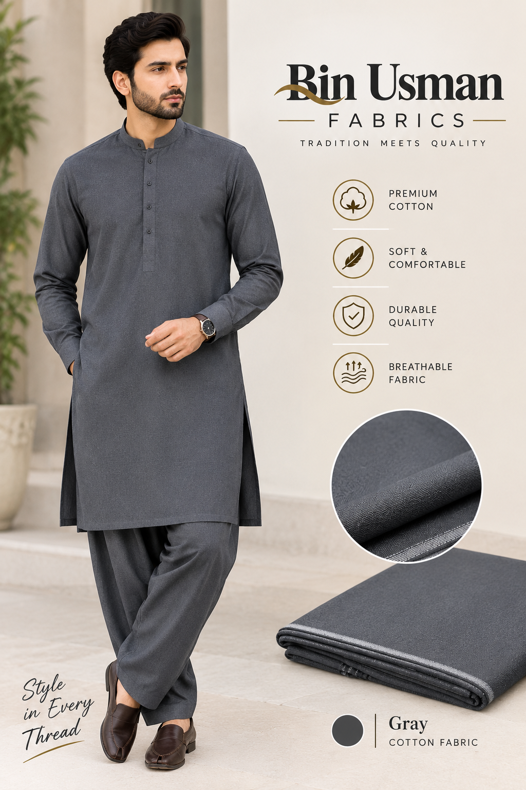 Grey Cotton khaddar fabrics