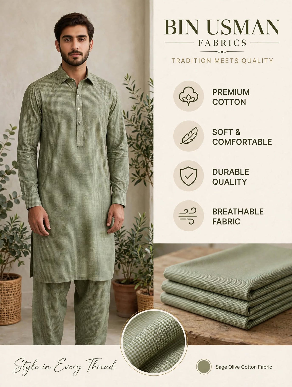Olive Cotton Khaddar Fabrics
