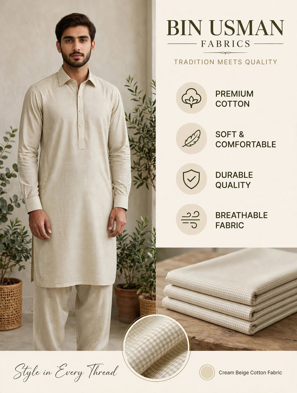 Cream Beige Cotton Khaddar Fabrics